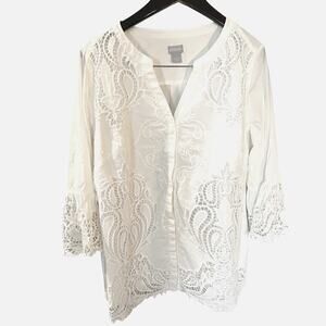 Chicos women's white tunic top blouse Lace crochet bell sleeve coquette SZ-12/14